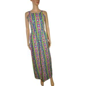 1960s Neon Floral Print Summer Maxi Tank Top Dress Split Hem Handmade Size Small